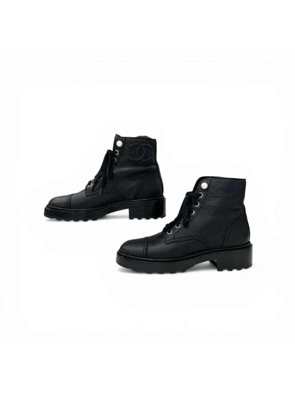 Chanel Boots Short Shoes Leather Black CC Logo Pearl Lace